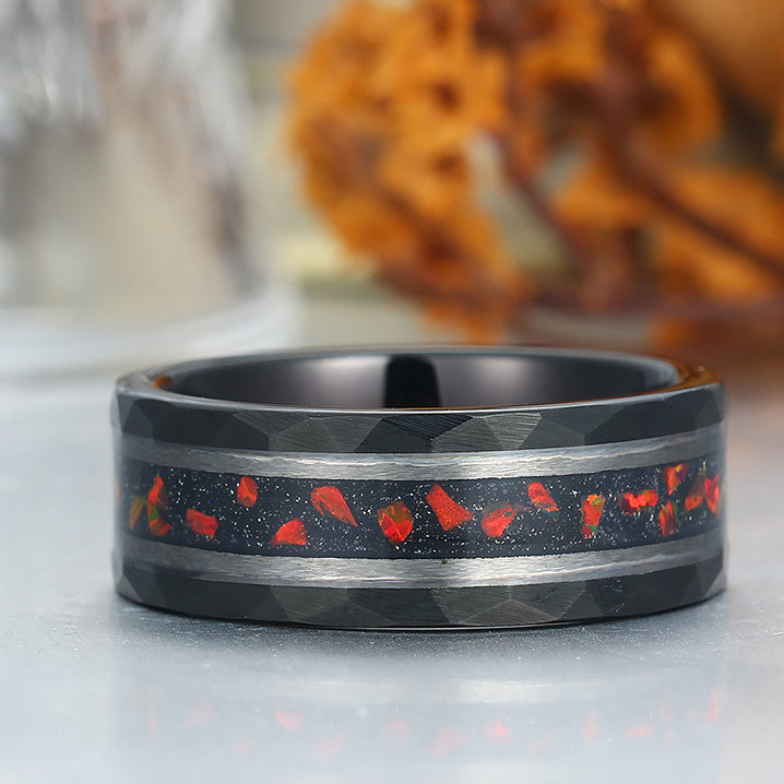 Hammered Red Opal 8mm Wide Men' s Tungsten Wedding Band Stylish Unisex Ring