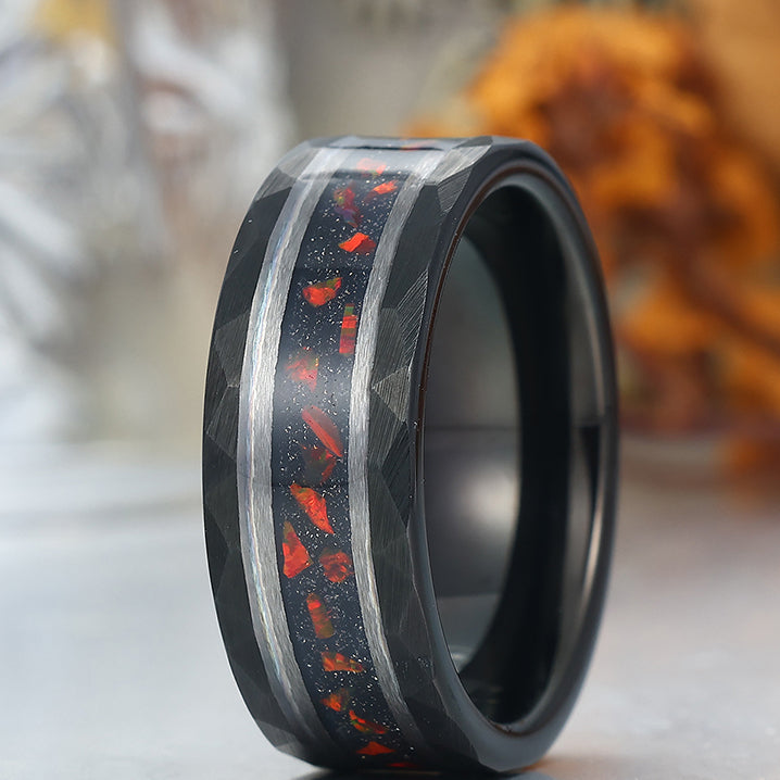 Hammered Red Opal 8mm Wide Men' s Tungsten Wedding Band Stylish Unisex Ring