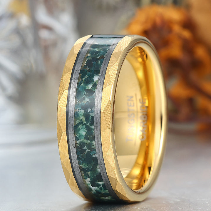 Unique Men's Moss Agate Tungsten Engagement Ring Engravable Wedding Band Silver/Black/Yellow Gold Anniversary Ring