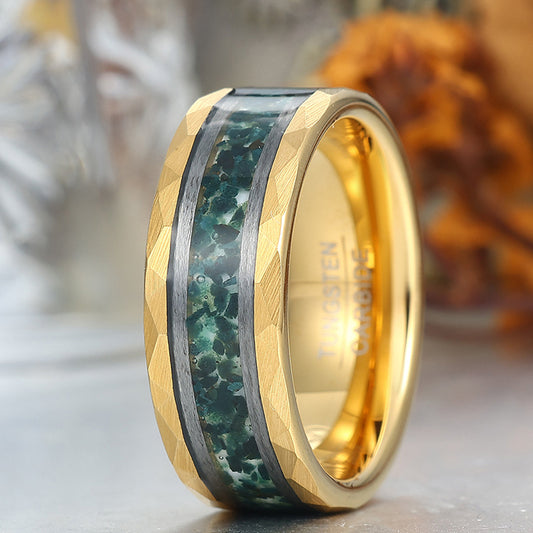 Unique Men's Moss Agate Tungsten Engagement Ring Engravable Wedding Band Silver/Black/Yellow Gold Anniversary Ring