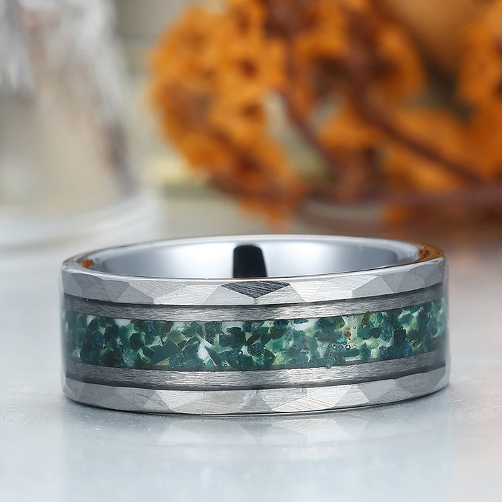 Unique Men's Moss Agate Tungsten Engagement Ring Engravable Wedding Band Silver/Black/Yellow Gold Anniversary Ring