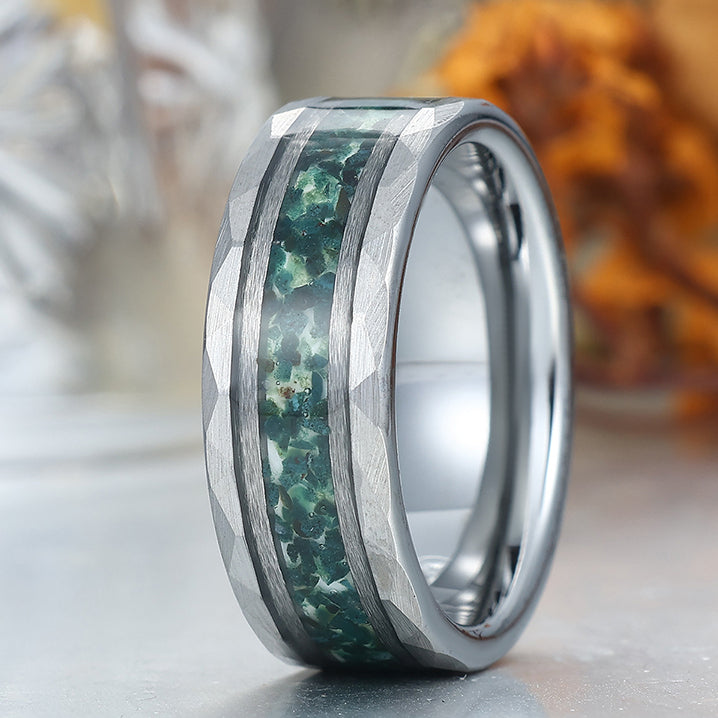 Unique Men's Moss Agate Tungsten Engagement Ring Engravable Wedding Band Silver/Black/Yellow Gold Anniversary Ring