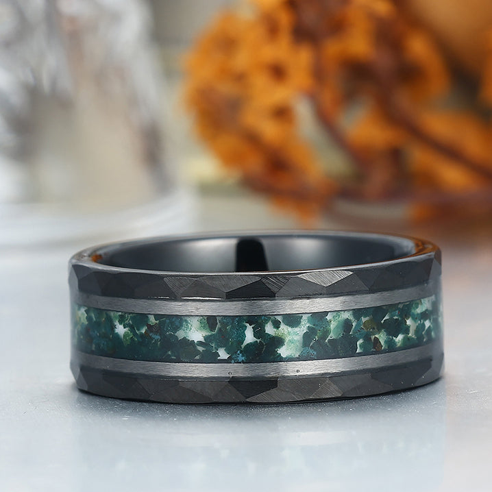 Unique Men's Moss Agate Tungsten Engagement Ring Engravable Wedding Band Silver/Black/Yellow Gold Anniversary Ring