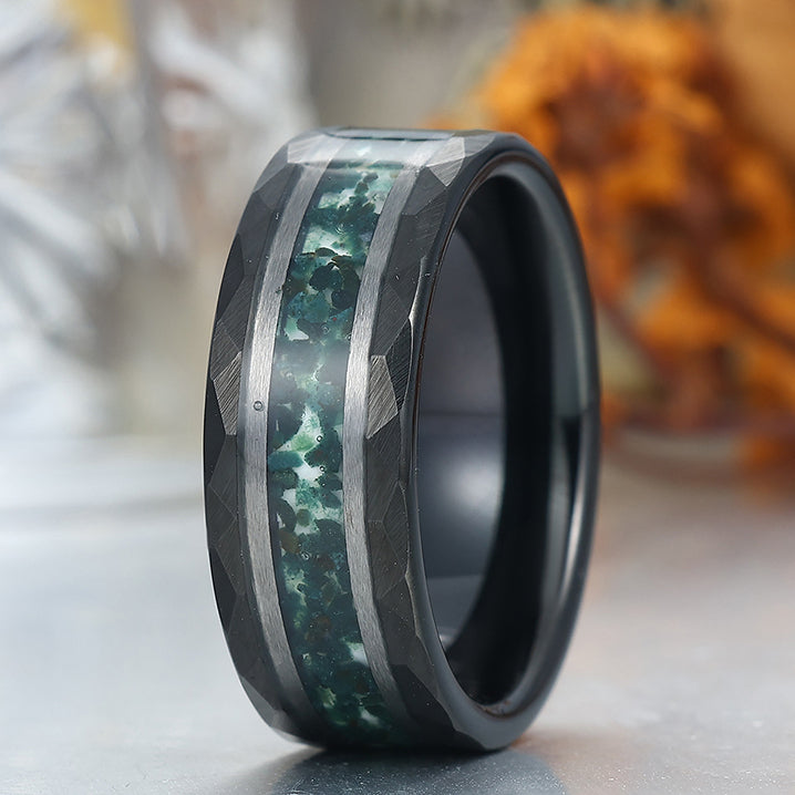 Unique Men's Moss Agate Tungsten Engagement Ring Engravable Wedding Band Silver/Black/Yellow Gold Anniversary Ring