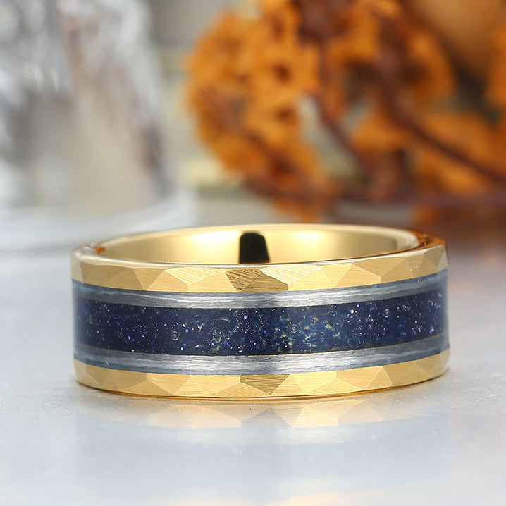 Starry Dark Blue Sandstone Wide Men' s Tungsten Wedding Band Promise Hammered Unisex Ring