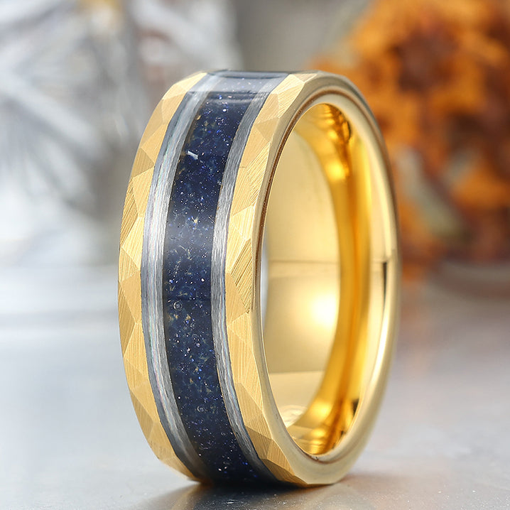 Starry Dark Blue Sandstone Wide Men' s Tungsten Wedding Band Promise Hammered Unisex Ring