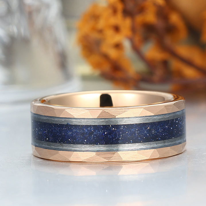 Starry Dark Blue Sandstone Wide Men' s Tungsten Wedding Band Promise Hammered Unisex Ring