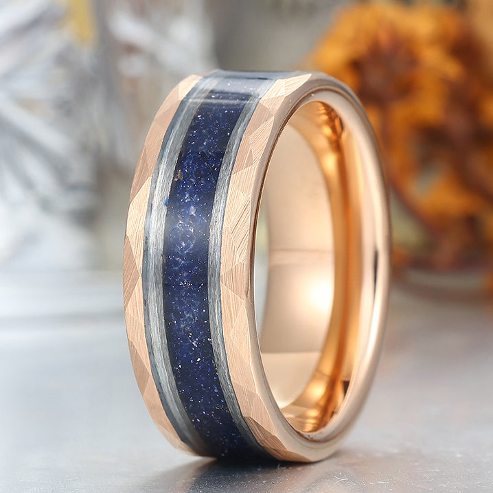 Starry Dark Blue Sandstone Wide Men' s Tungsten Wedding Band Promise Hammered Unisex Ring