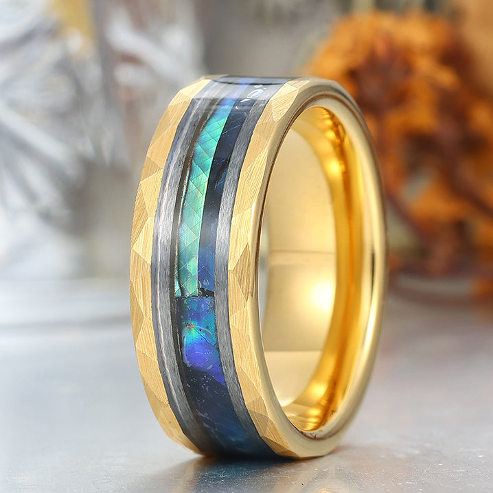 Stylish Men's 8 mm Hammered Tungsten Inner Engravable Wedding & Anniversary Ring Inset White Shell