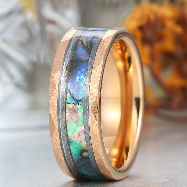 Stylish Men's 8 mm Hammered Tungsten Inner Engravable Wedding & Anniversary Ring Inset White Shell