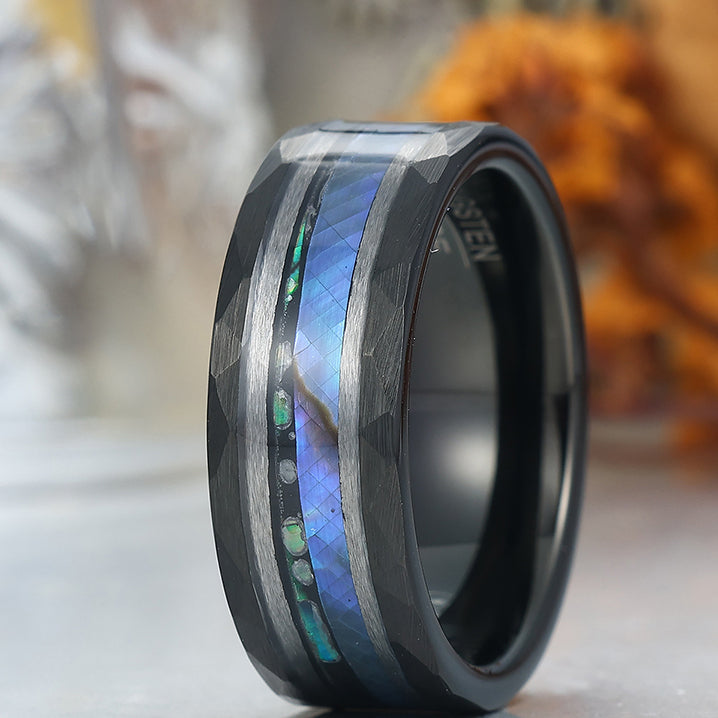 Stylish Men's 8 mm Hammered Tungsten Inner Engravable Wedding & Anniversary Ring Inset White Shell