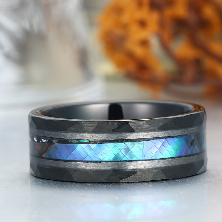 Stylish Men's 8 mm Hammered Tungsten Inner Engravable Wedding & Anniversary Ring Inset White Shell