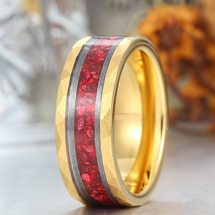 Dazzling Crushed Ruby Tungsten Anniversary Ring Men's 8mm Engravable Wedding Band
