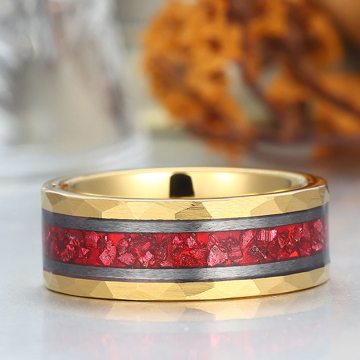 Dazzling Crushed Ruby Tungsten Anniversary Ring Men's 8mm Engravable Wedding Band