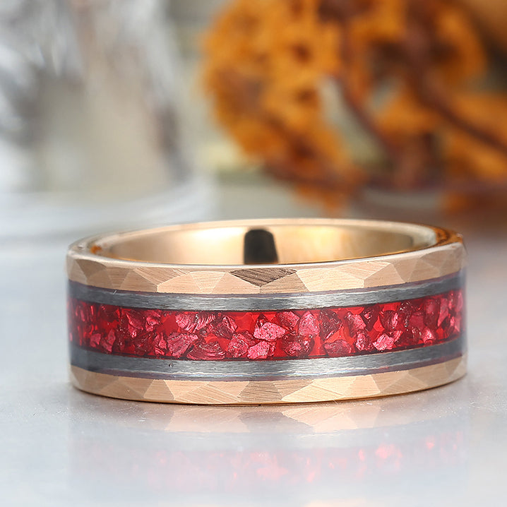 Dazzling Crushed Ruby Tungsten Anniversary Ring Men's 8mm Engravable Wedding Band