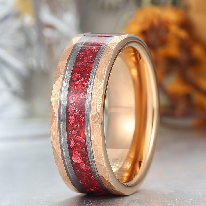 Dazzling Crushed Ruby Tungsten Anniversary Ring Men's 8mm Engravable Wedding Band
