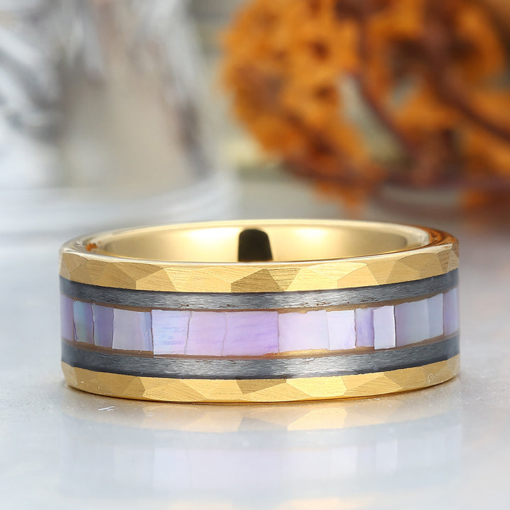 Hammered Tungsten Engravable Promise Ring With White Shell Inset Ideal Anniversary Ring