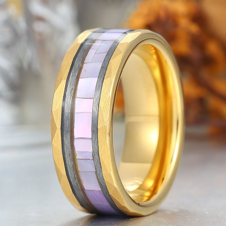 Hammered Tungsten Engravable Promise Ring With White Shell Inset Ideal Anniversary Ring