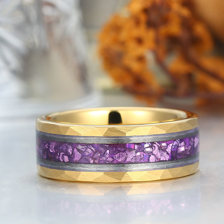 Amethyst Gemstone Inset Wedding Band Men's 8mm Personalized Anniversary Hammered Tungsten Ring