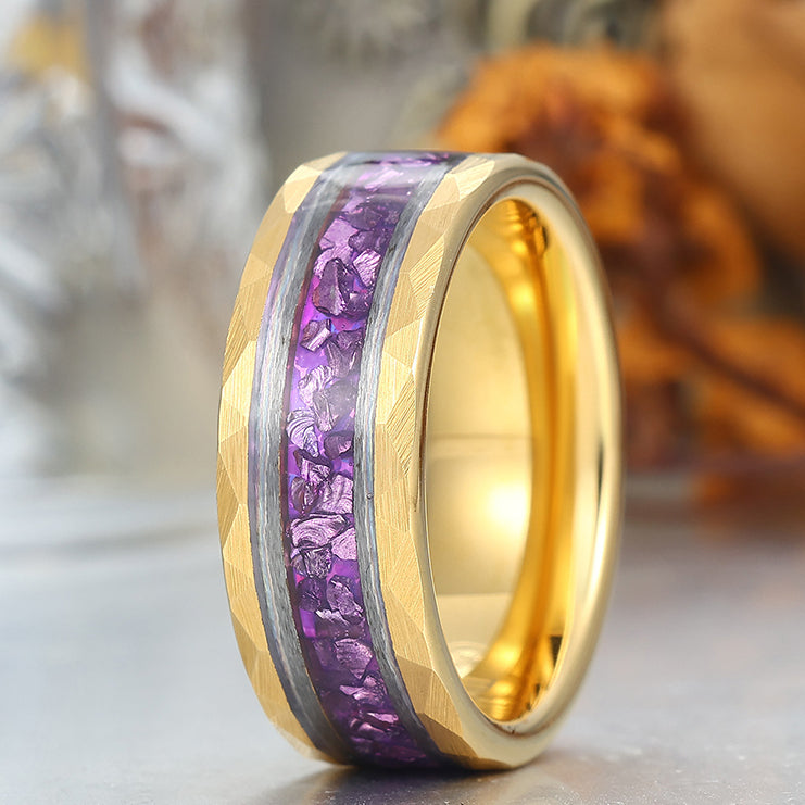Amethyst Gemstone Inset Wedding Band Men's 8mm Personalized Anniversary Hammered Tungsten Ring
