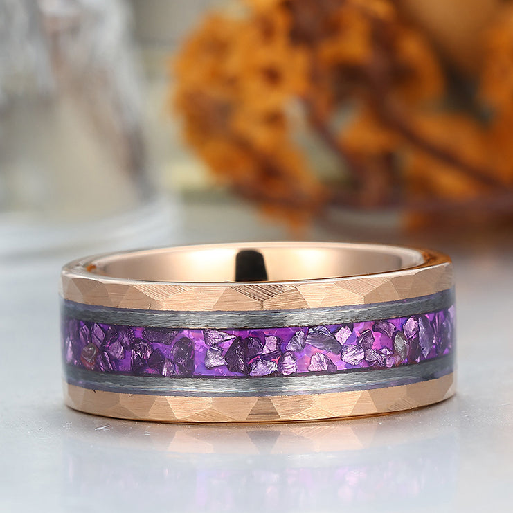 Amethyst Gemstone Inset Wedding Band Men's 8mm Personalized Anniversary Hammered Tungsten Ring