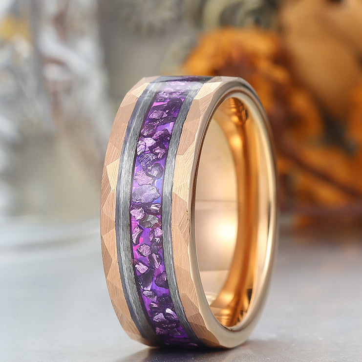 Amethyst Gemstone Inset Wedding Band Men's 8mm Personalized Anniversary Hammered Tungsten Ring