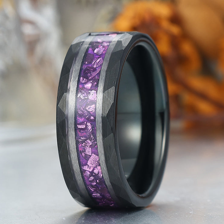 Amethyst Gemstone Inset Wedding Band Men's 8mm Personalized Anniversary Hammered Tungsten Ring