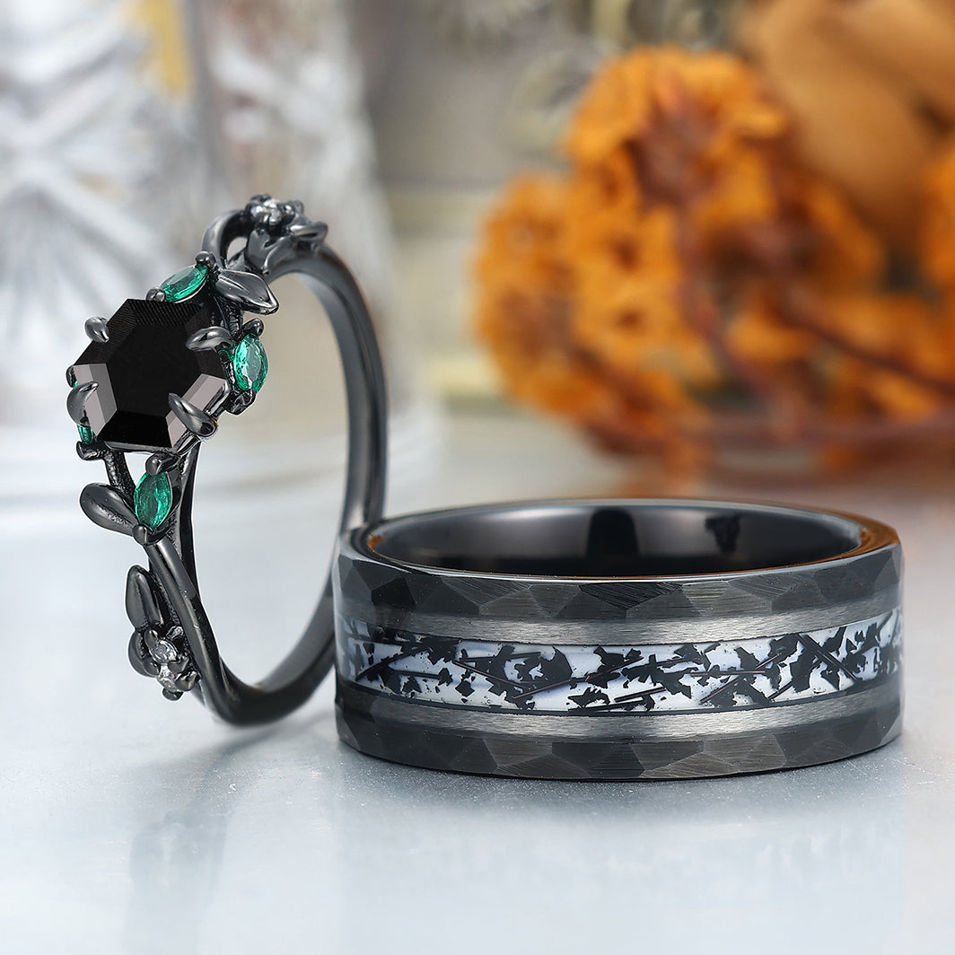 Unique Leaf Design Black Onyx Twig Engagement Couple Rings S925 And Tungsten Black Plated Marriage Ring