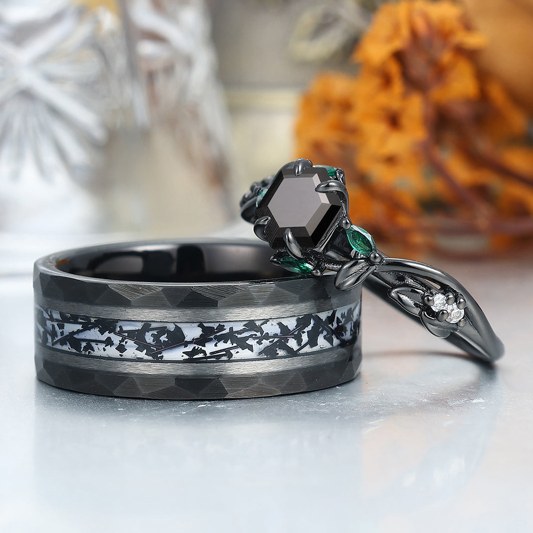 Unique Leaf Design Black Onyx Twig Engagement Couple Rings S925 And Tungsten Black Plated Marriage Ring