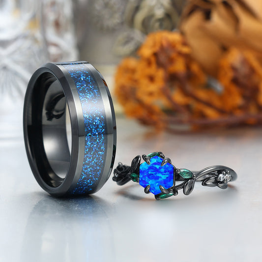 Enchanted Blue Opal Sprig Engagement Couple Rings Matching His And Hers Wedding Bands