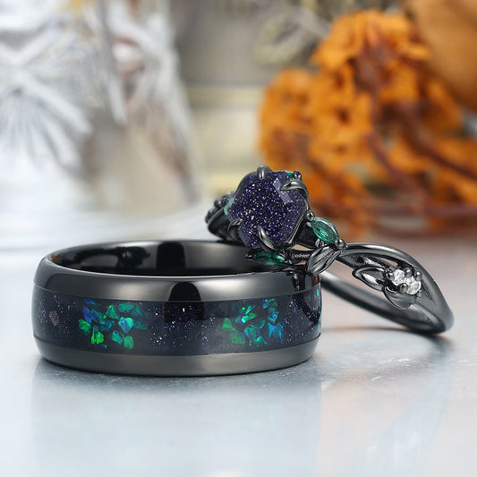 Art Deco Blue Sanstone Twigs Engagement Couple Rings Set Matching Black Tungsten Wedding Band