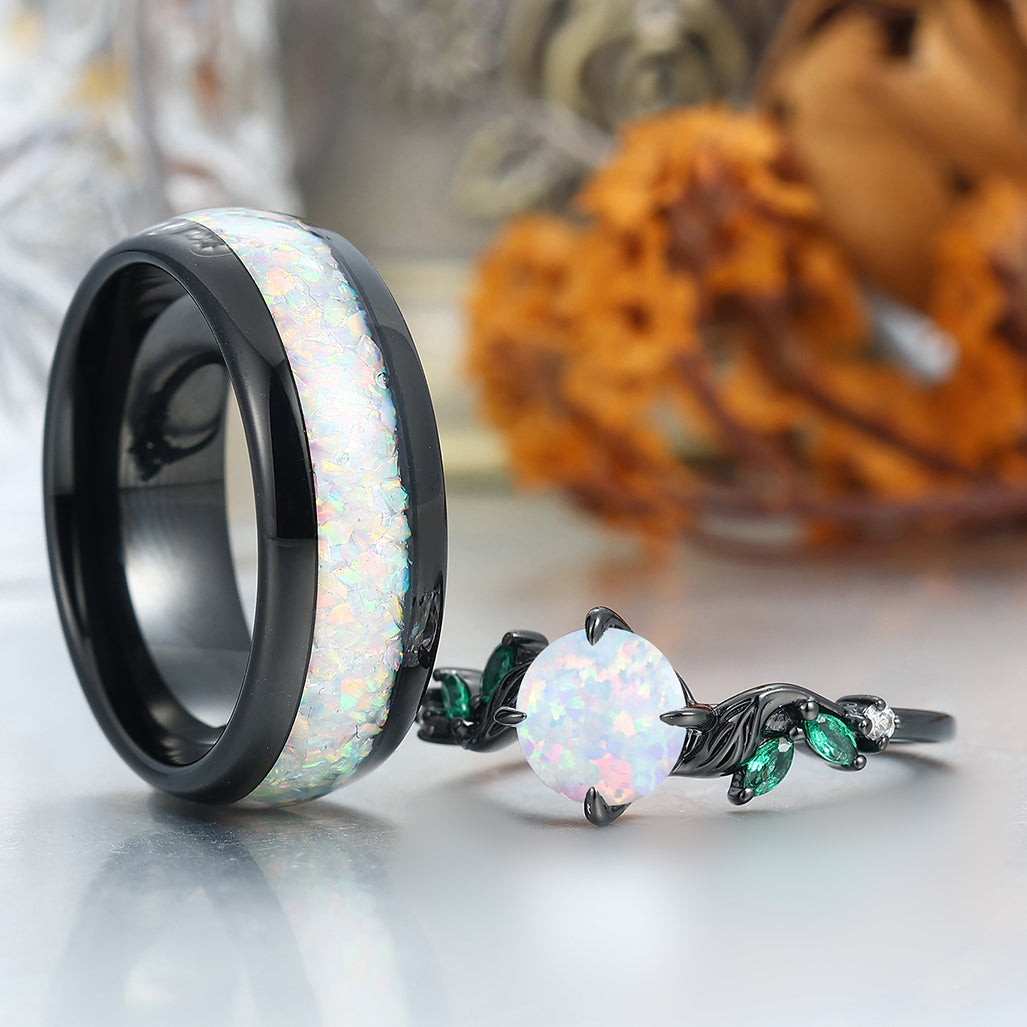 Unique Leaf Design Pink White Opal Engagement Couple Rings Personalized Anniversary Wedding Band