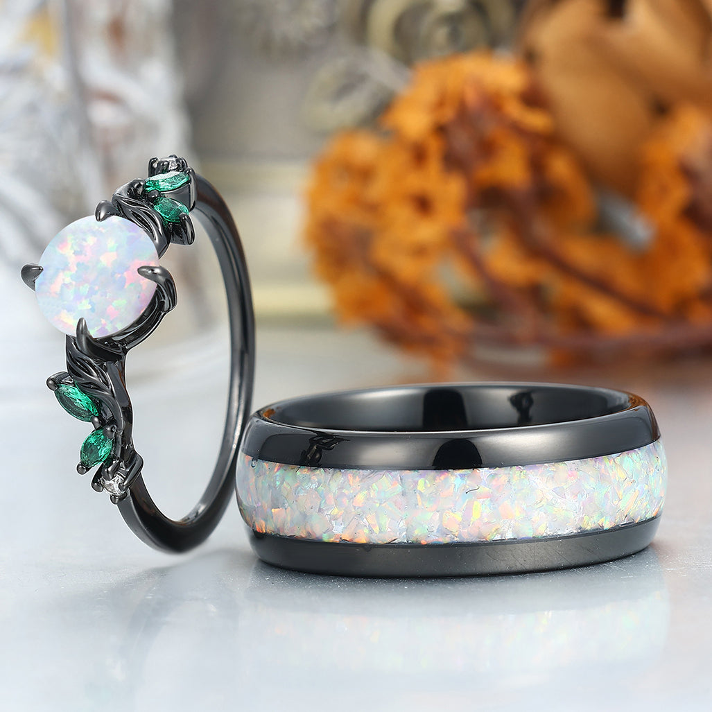 Unique Leaf Design Pink White Opal Engagement Couple Rings Personalized Anniversary Wedding Band