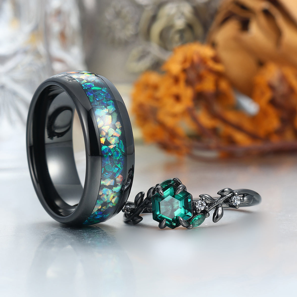 Art Deco Emerald Leaves His And Hers Wedding Band Matching Green Tungsten Couple Rings