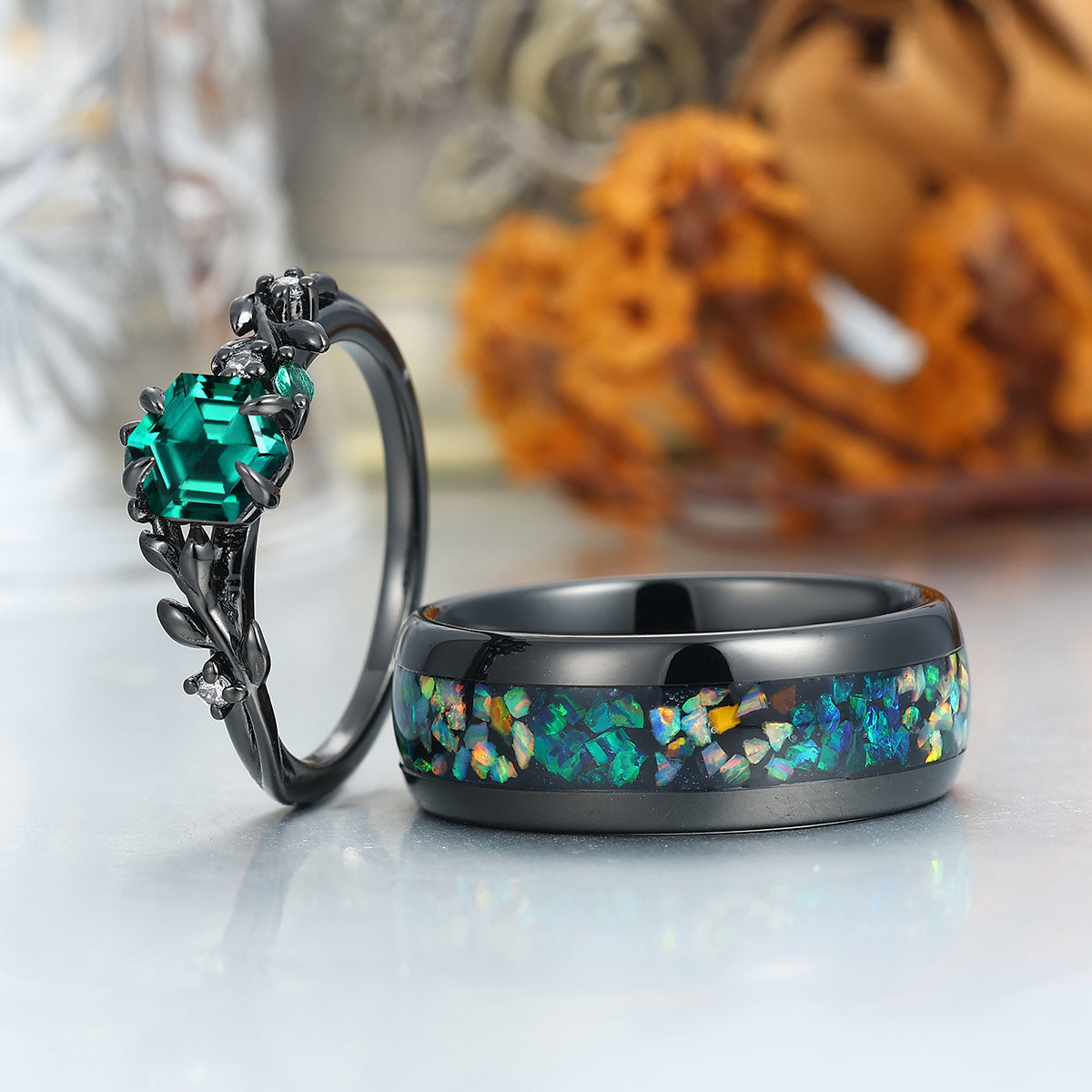 Art Deco Emerald Leaves His And Hers Wedding Band Matching Green Tungsten Couple Rings