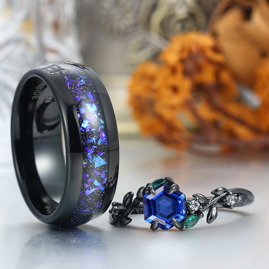 Artsy Sapphire Wheat Ear Motif Couple Rings Unique Polished Dome Tungsten Wedding Band