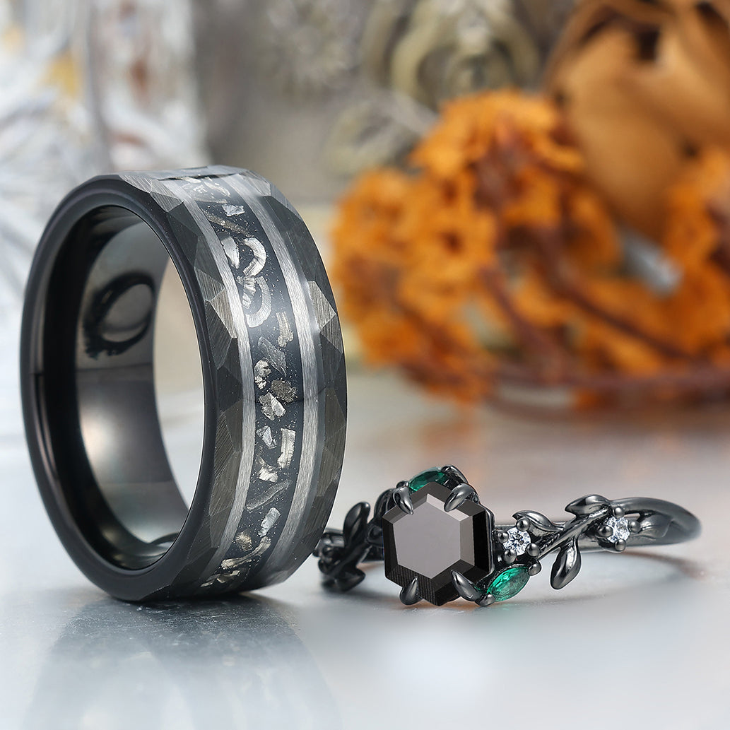 Delicate Black Onyx Leaves Engagement Couple Rings Matching Promise Wedding Bands