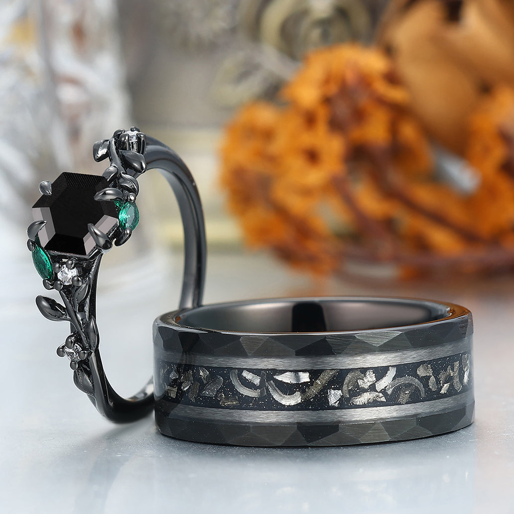 Delicate Black Onyx Leaves Engagement Couple Rings Matching Promise Wedding Bands