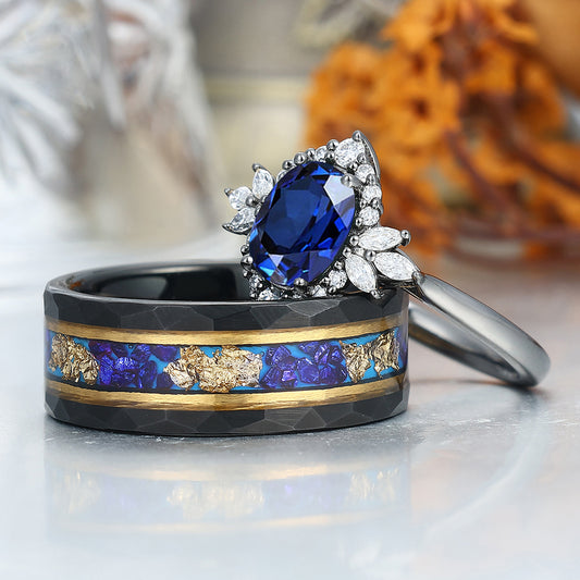 Noble Blue Sapphire Couple Rings Deco Milgrain Moissanite Floral Rings Blue Hammered Tungsten Ring