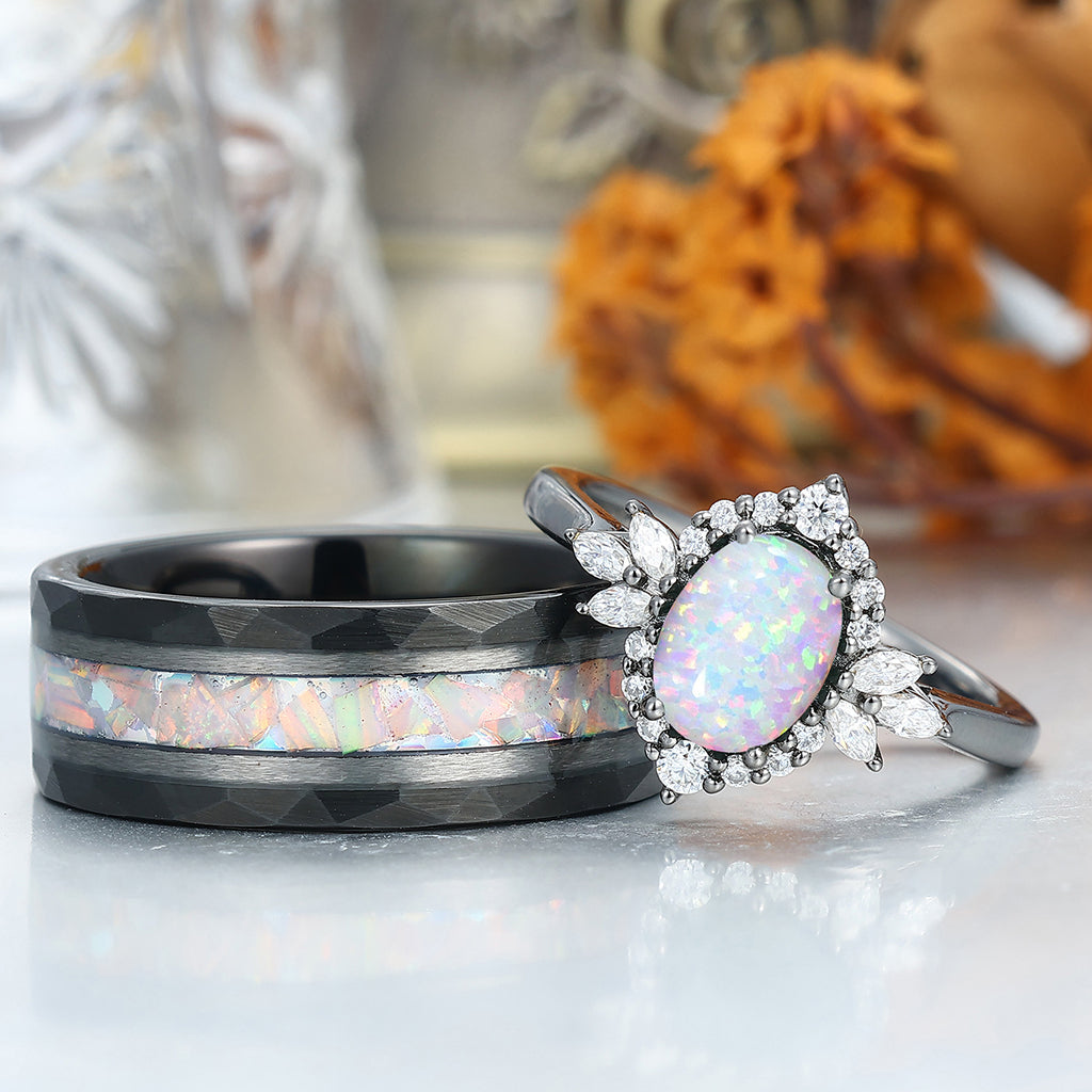 Unique Pink White Opal Halo Engagement Couple Rings S925 And Tungsten Wedding Ring