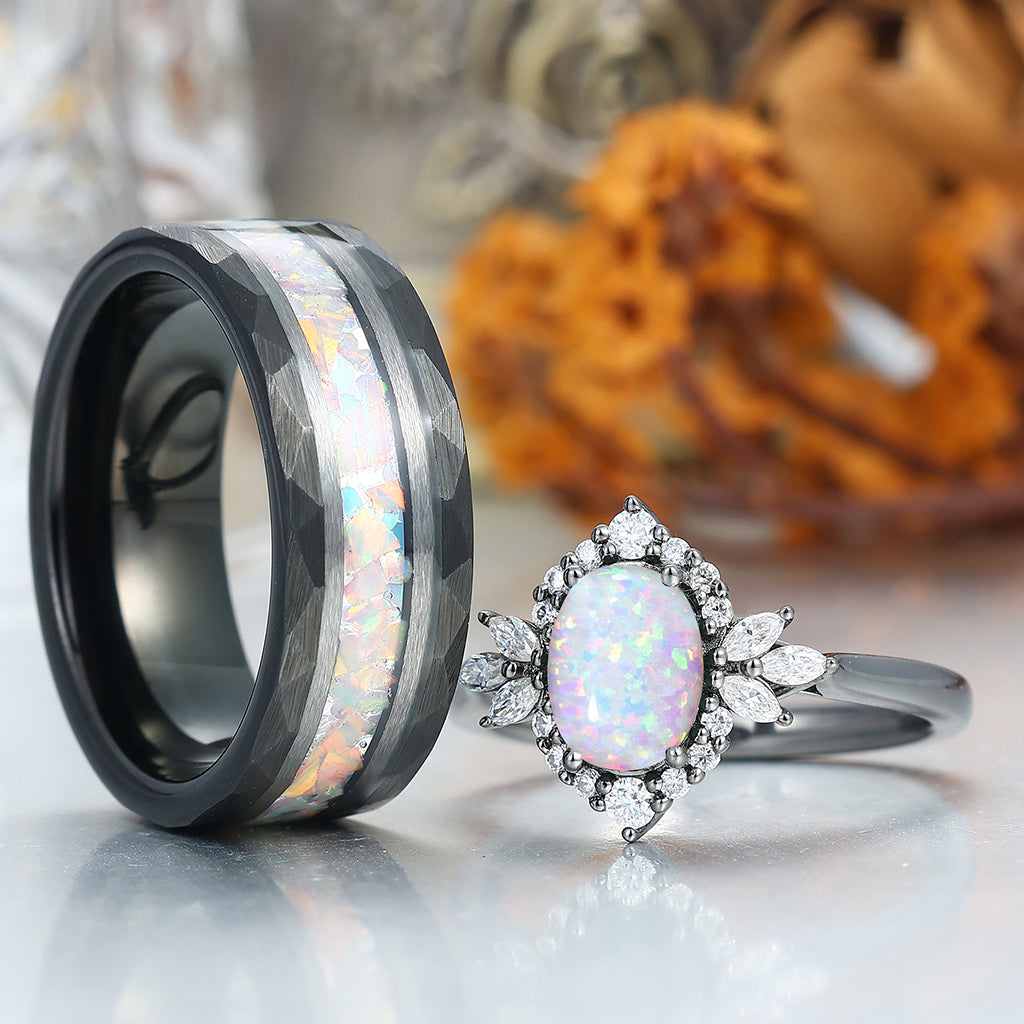 Unique Pink White Opal Halo Engagement Couple Rings S925 And Tungsten Wedding Ring