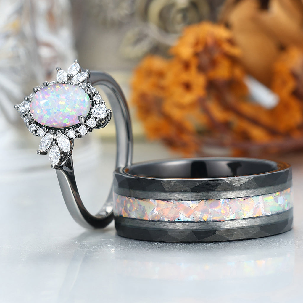 Unique Pink White Opal Halo Engagement Couple Rings S925 And Tungsten Wedding Ring