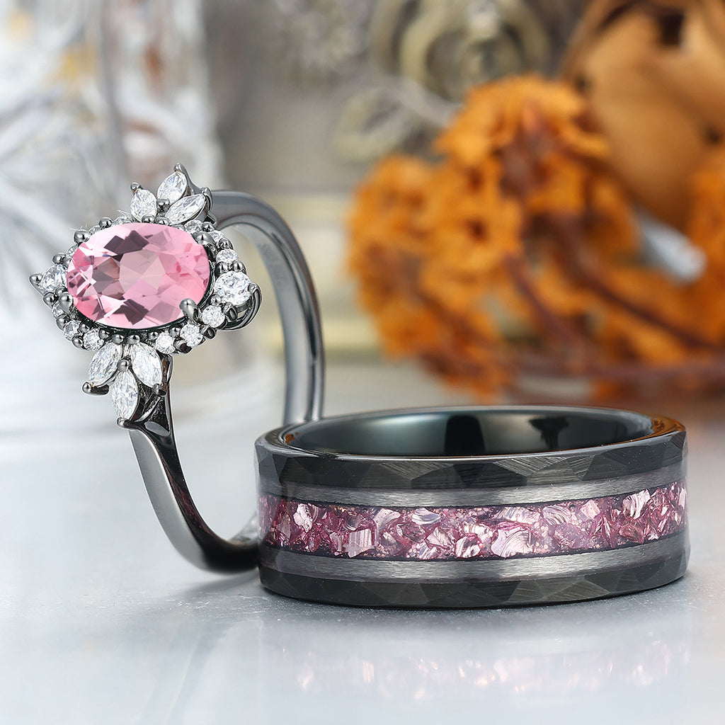 Romantic Pink Morganite Engagement Couple Rings Matching Black Tungsten His And Hers Wedding Bands