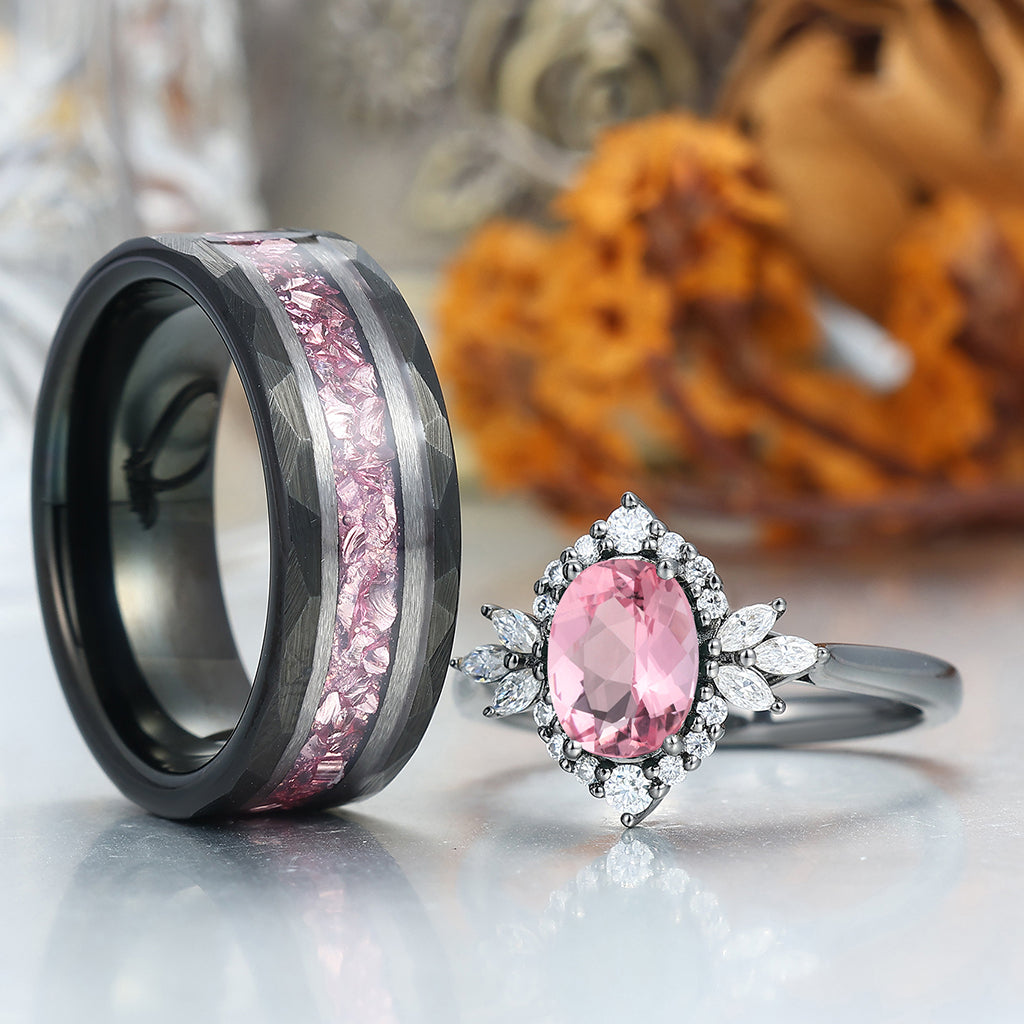 Romantic Pink Morganite Engagement Couple Rings Matching Black Tungsten His And Hers Wedding Bands
