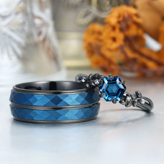 Hexagon Cut London Blue Topaz Wheat Design Couple Rings S925 And Tungsten Wedding Band