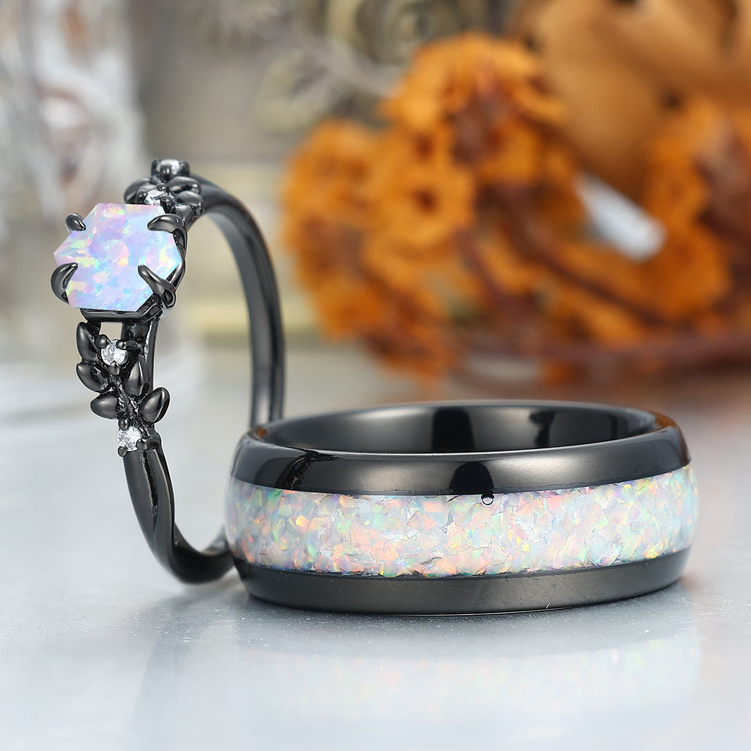 Unique Pink White Opal Wheat Design Couple Rings Anniversary His And Hers Wedding Bands
