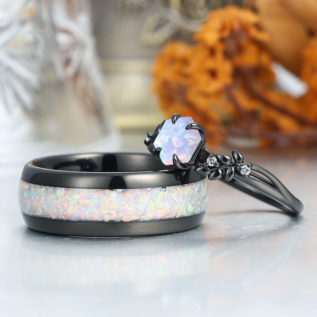 Unique Pink White Opal Wheat Design Couple Rings Anniversary His And Hers Wedding Bands
