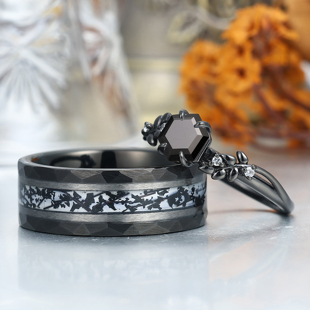 Wheat Design Natural Black Onyx Couple Rings Personalized His And Hers Wedding Bands