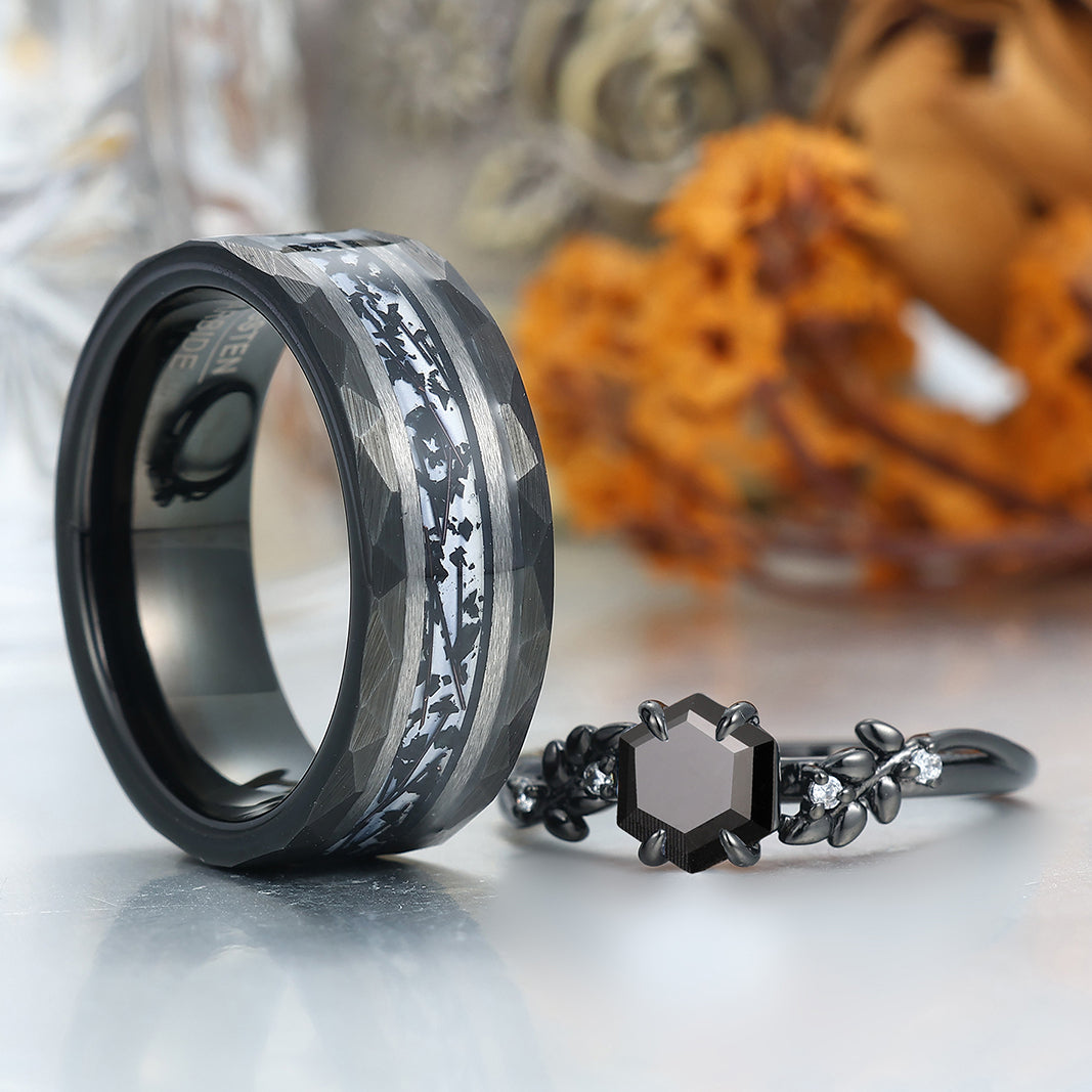 Wheat Design Natural Black Onyx Couple Rings Personalized His And Hers Wedding Bands