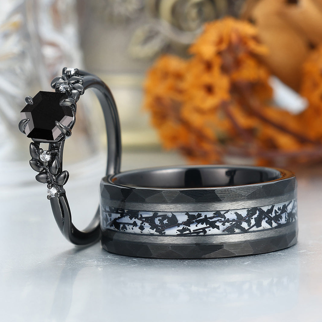 Wheat Design Natural Black Onyx Couple Rings Personalized His And Hers Wedding Bands